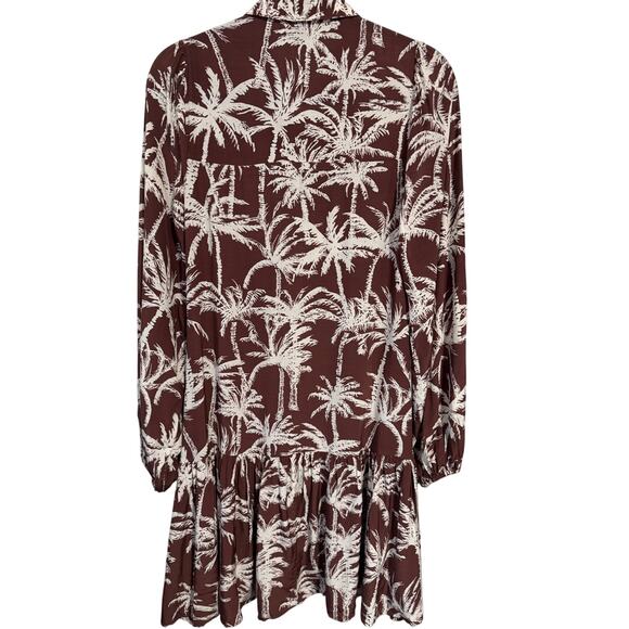 Express NWT Brown & white palm mini shirt dress Oversized flowy L/S tiered hem - Picture 10 of 12